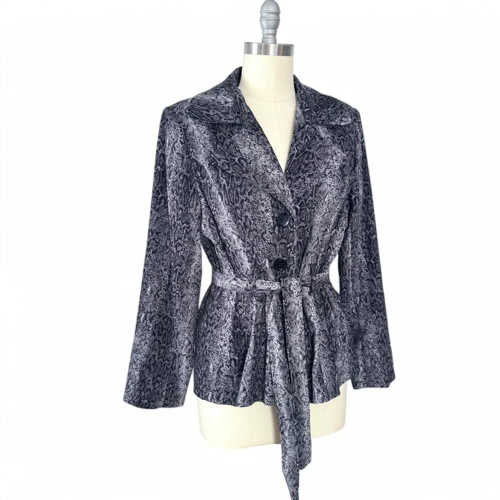 Snake Print Microsuede Belted Blazer Jacket Size Large Y2K Femme Tailored Fit